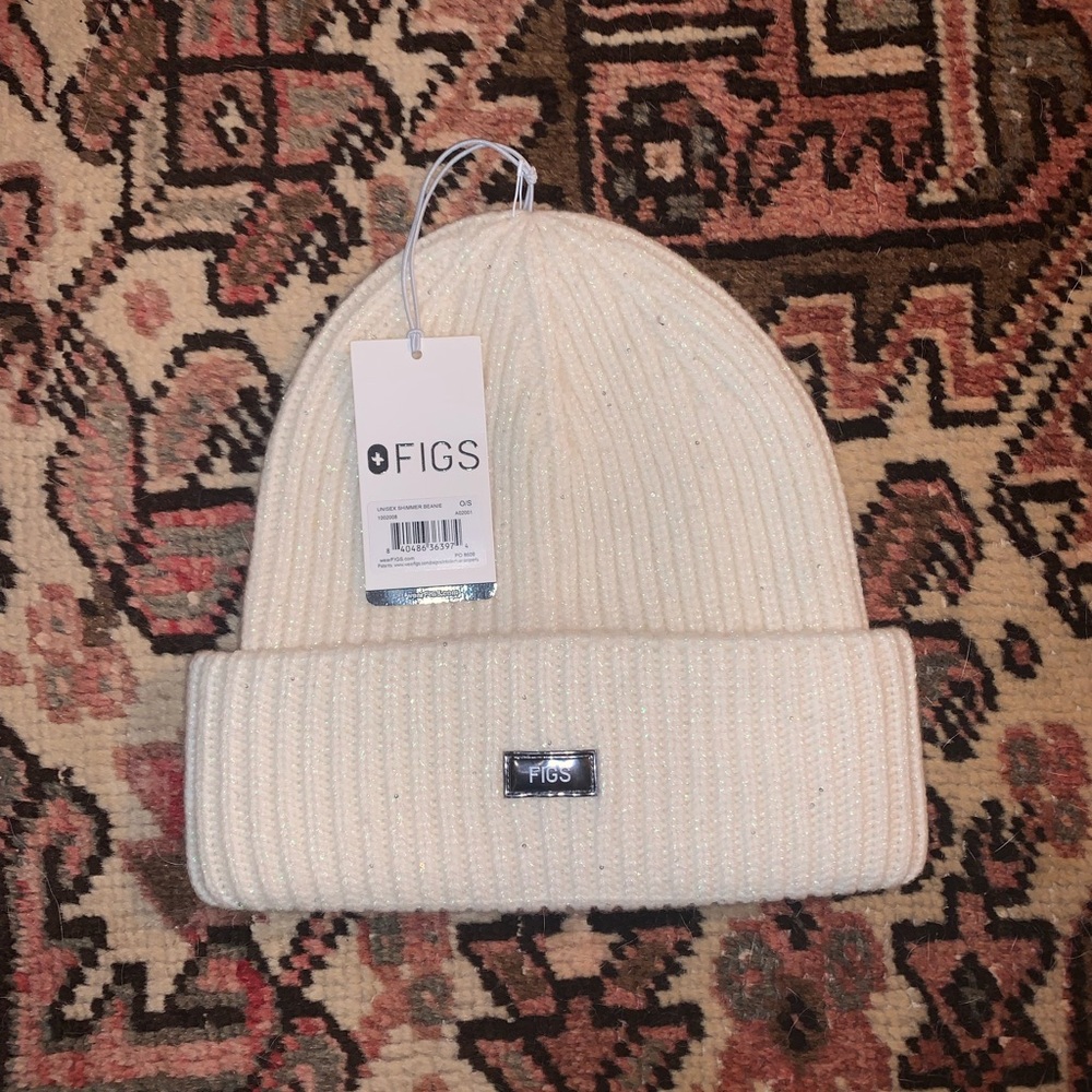 Figs Scrubs White Knit Shimmer Beanie Hat